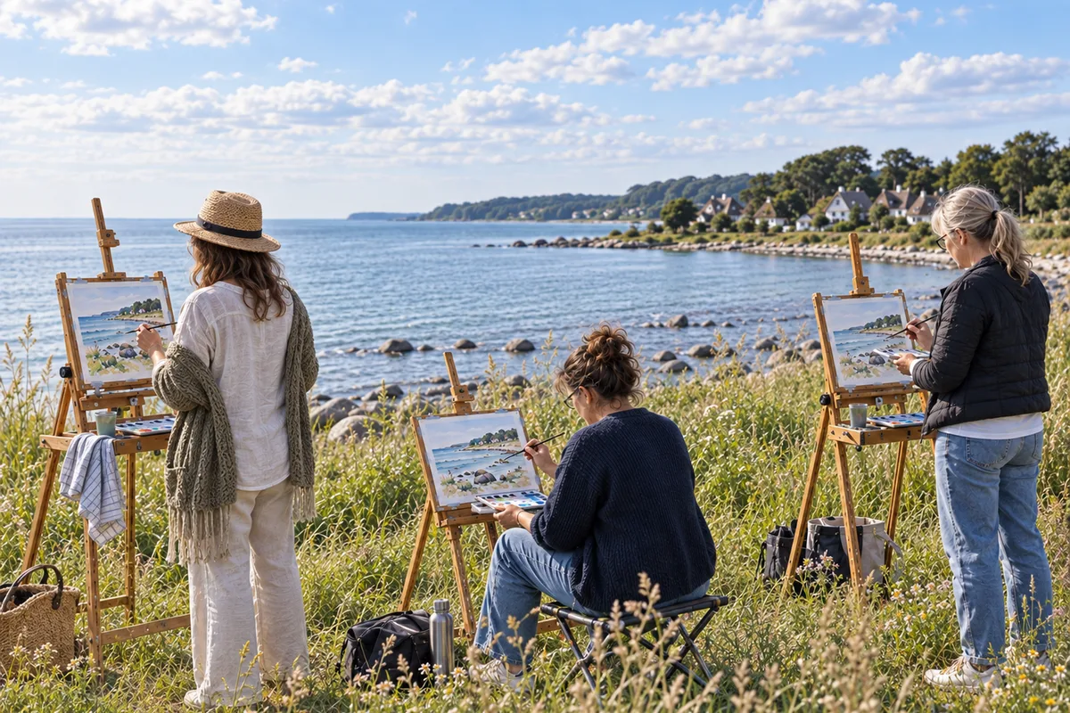 Drei Teilnehmerinnen malen an Staffeleien mit Aquarellfarben auf einer Wiese an der Ostseeküste von Rügen